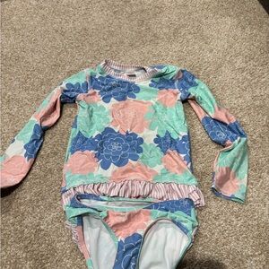 Ruffle Butts Floral Kids Swim Rashguard - Blue, Pink, Green